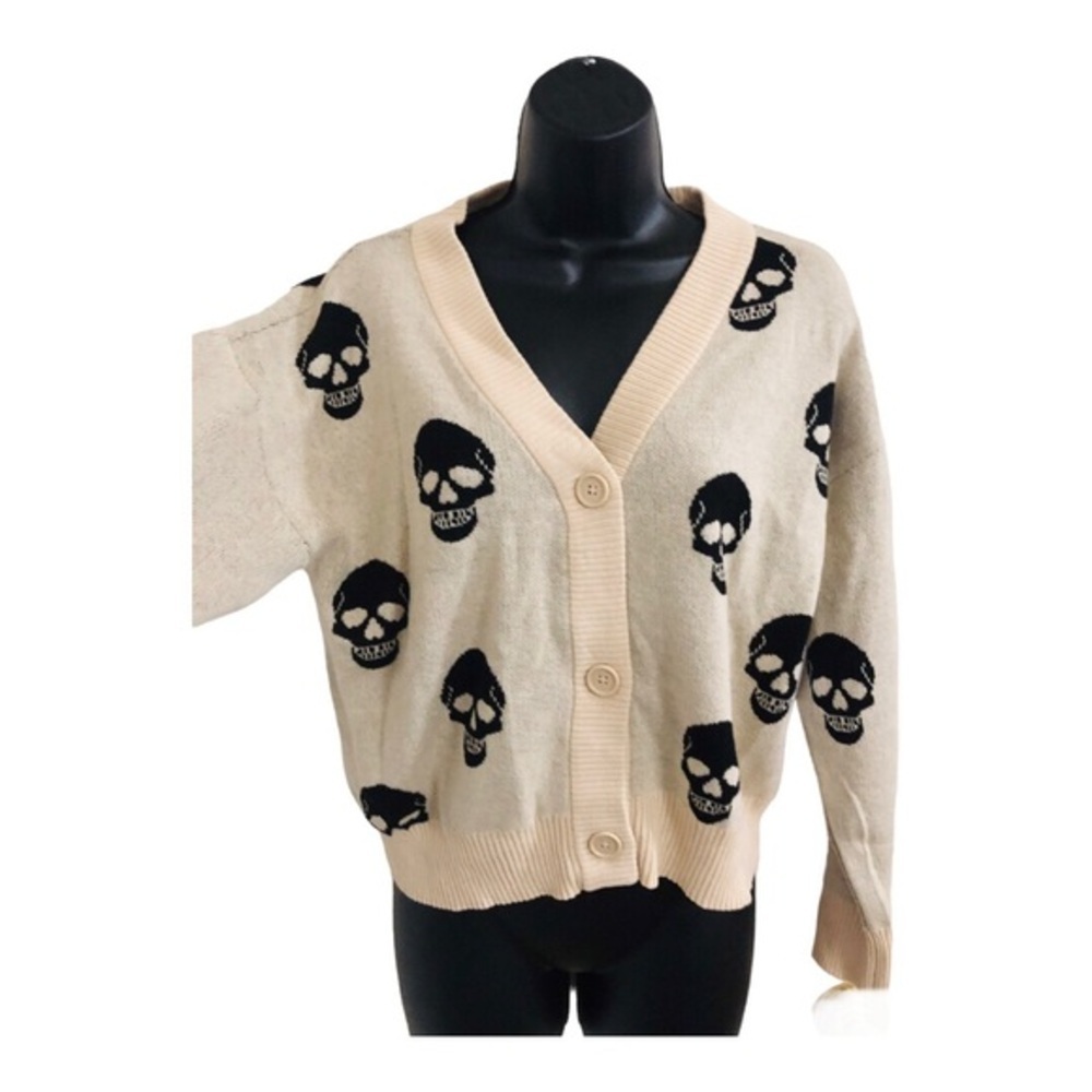 Cream skull print button front v-neck grandpa style cardigan size Medium new - Picture 11 of 11